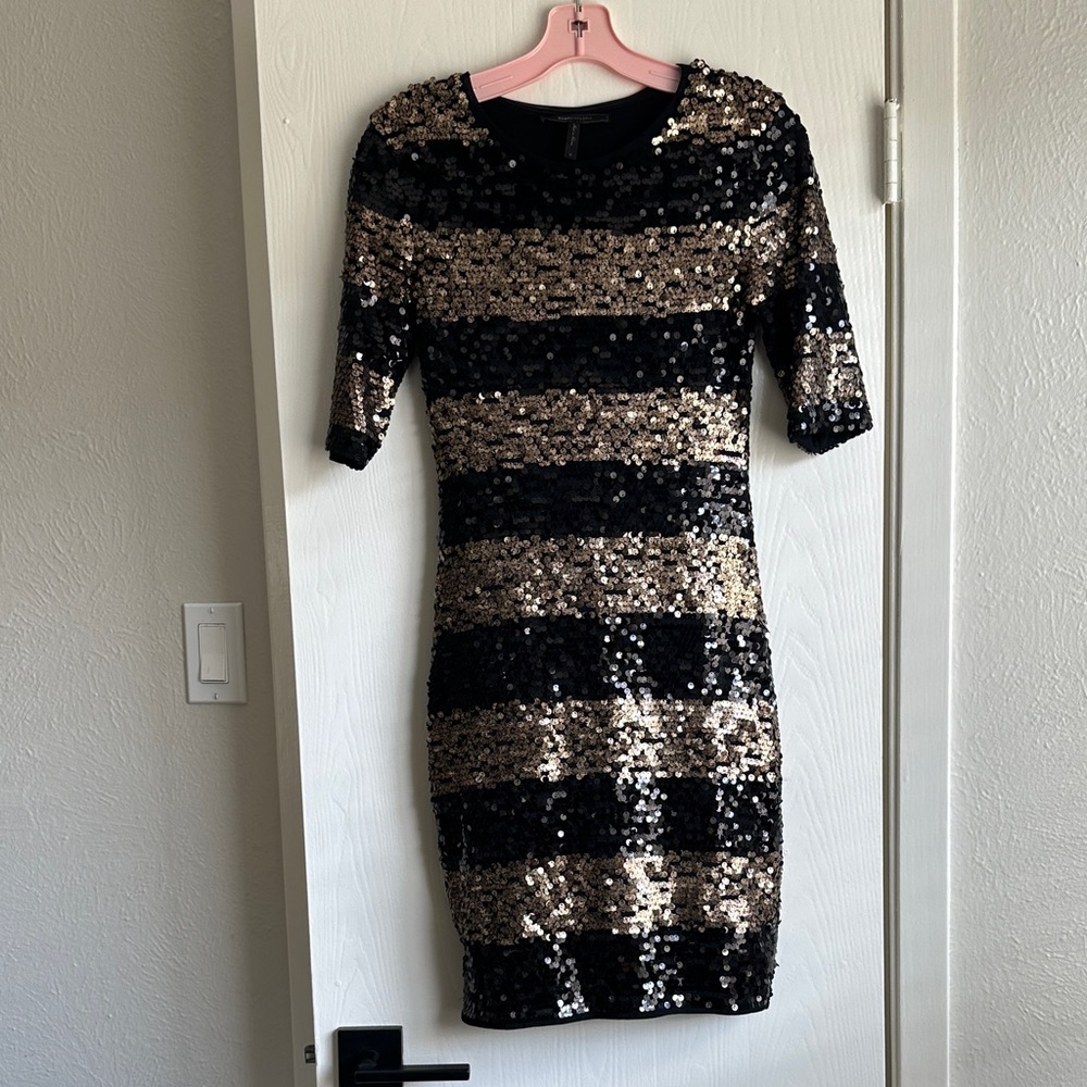 BCBGMaxAzria Black and Gold Sequin Mini Dress